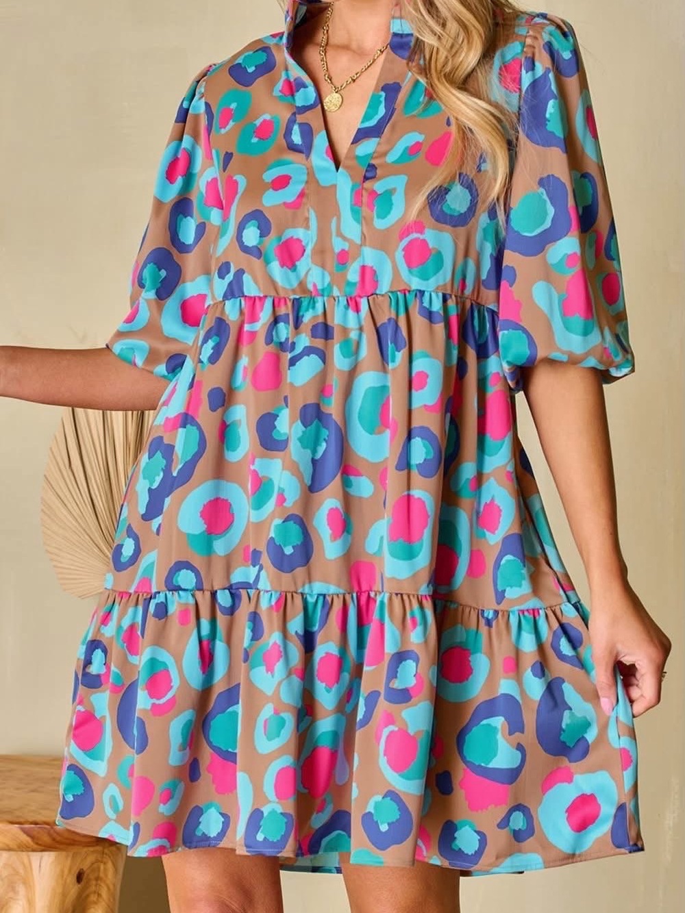 Girls' Tan Tiered Dress with Turquoise & Pink Spot Print